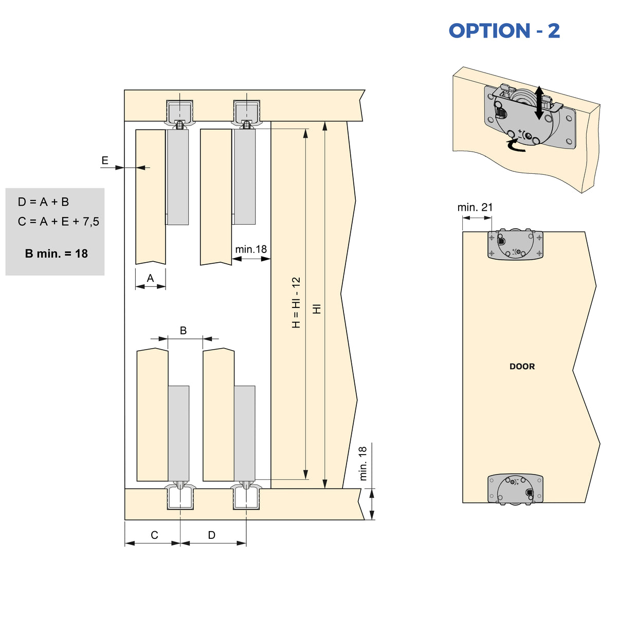 Sistema Flow 2 in formato kit per armadio a 2 ante scorrevoli in legno supportate con chiusura ammortizzata