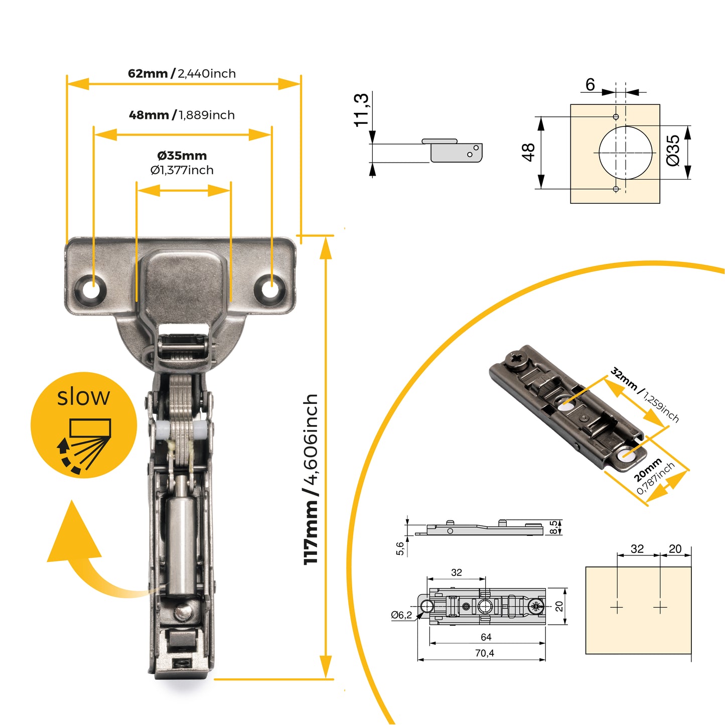 Kit cerniera collo dritto X91 con chiusura ammortizzata e basetta dritto