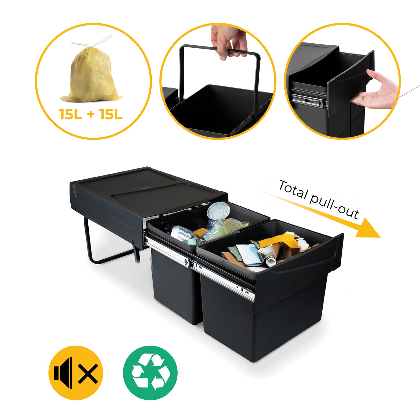 Pattumiere per raccolta differenziata per cucina, 2 x 15 L, fissaggio inferiore ed estrazione manuale