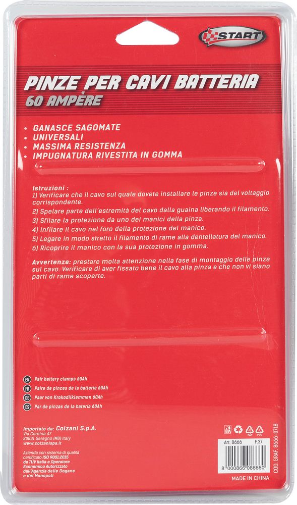 Pinze 60 Amp in Metallo Zincato Coppia per Avviamento Auto e Veicoli