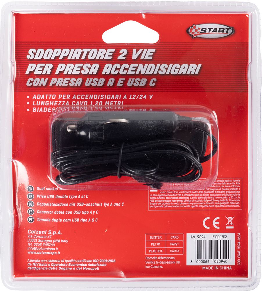 Presa accendisigari a 4 vie con filo da 66 cm 10W 12/24V