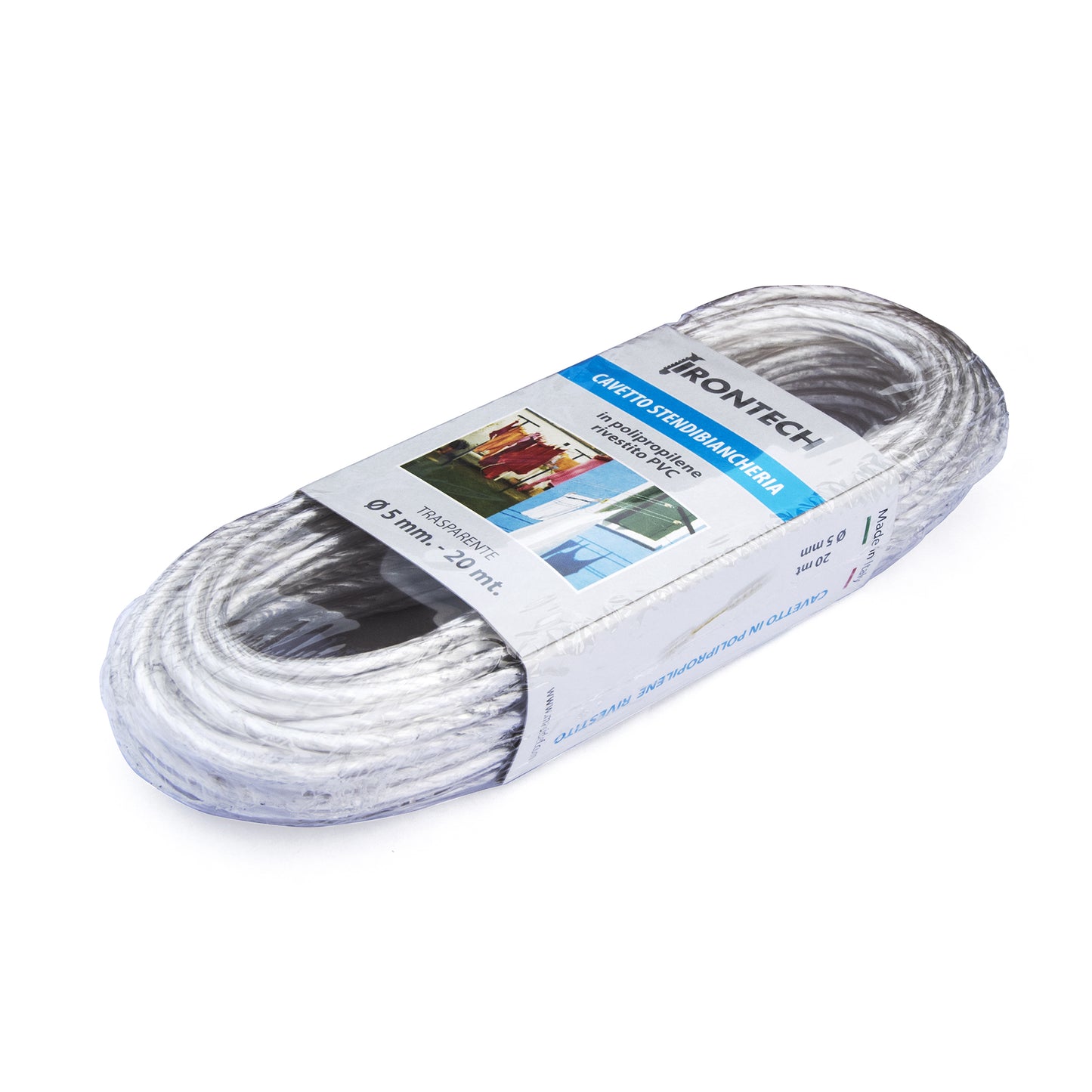 Cavo stendibiancheria 5 mm. in acciaio ottonato rivestito PVC bianco 20 mt.