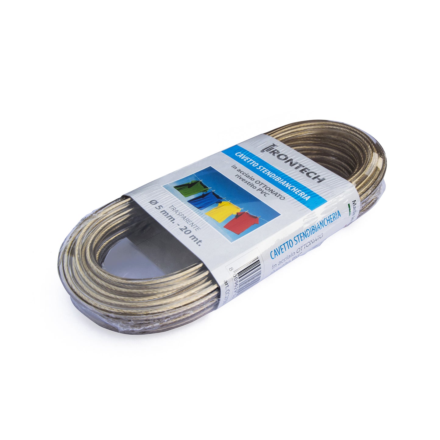 Cavo stendibiancheria 5 mm. in acciaio ottonato rivestito PVC trasparente 20 mt.