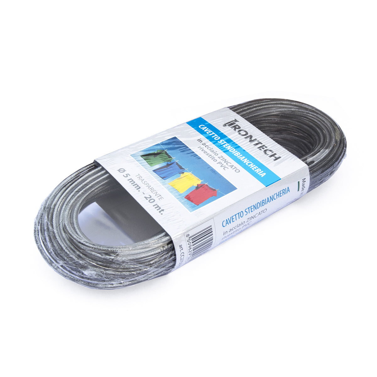 Cavo stendibiancheria 5 mm. in acciaio zincato rivestito PVC trasparente 20 mt.