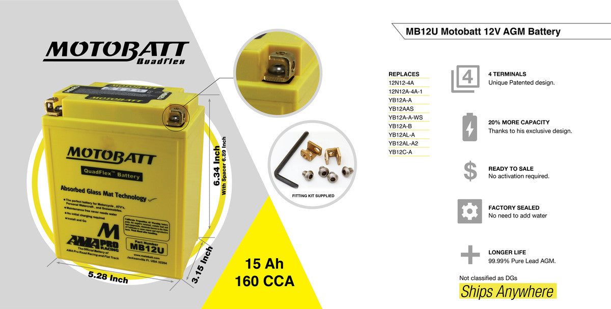 MotoBatt MB12U YB12A-B 14Ah Precaricata sigillata AGM Per Moto 135x80x161 mm