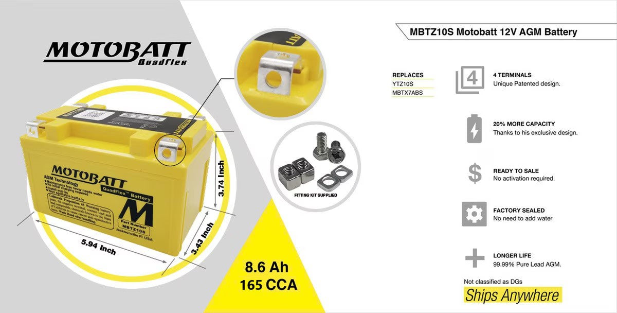 Batteria MotoBatt MBTZ10S YTZ10S 12V 8,6Ah AGM Precaricata Sigillata Compatta 151x87x95mm Senza Manutenzione