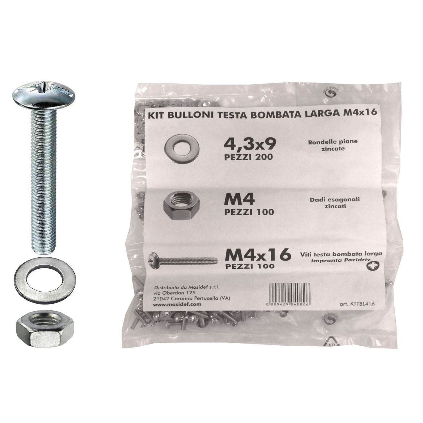 Kit viti testa bombata larga 4 x 16 + dadi + rondelle - 400 pz.