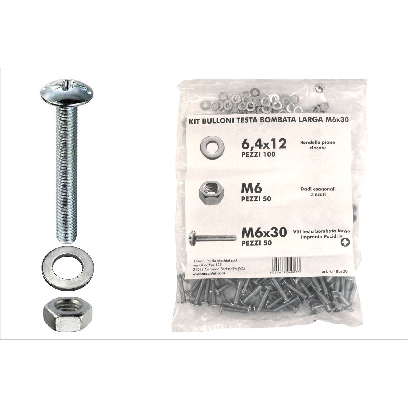Kit viti testa bombata larga 6 x 30 + dadi + rondelle - 200 pz.