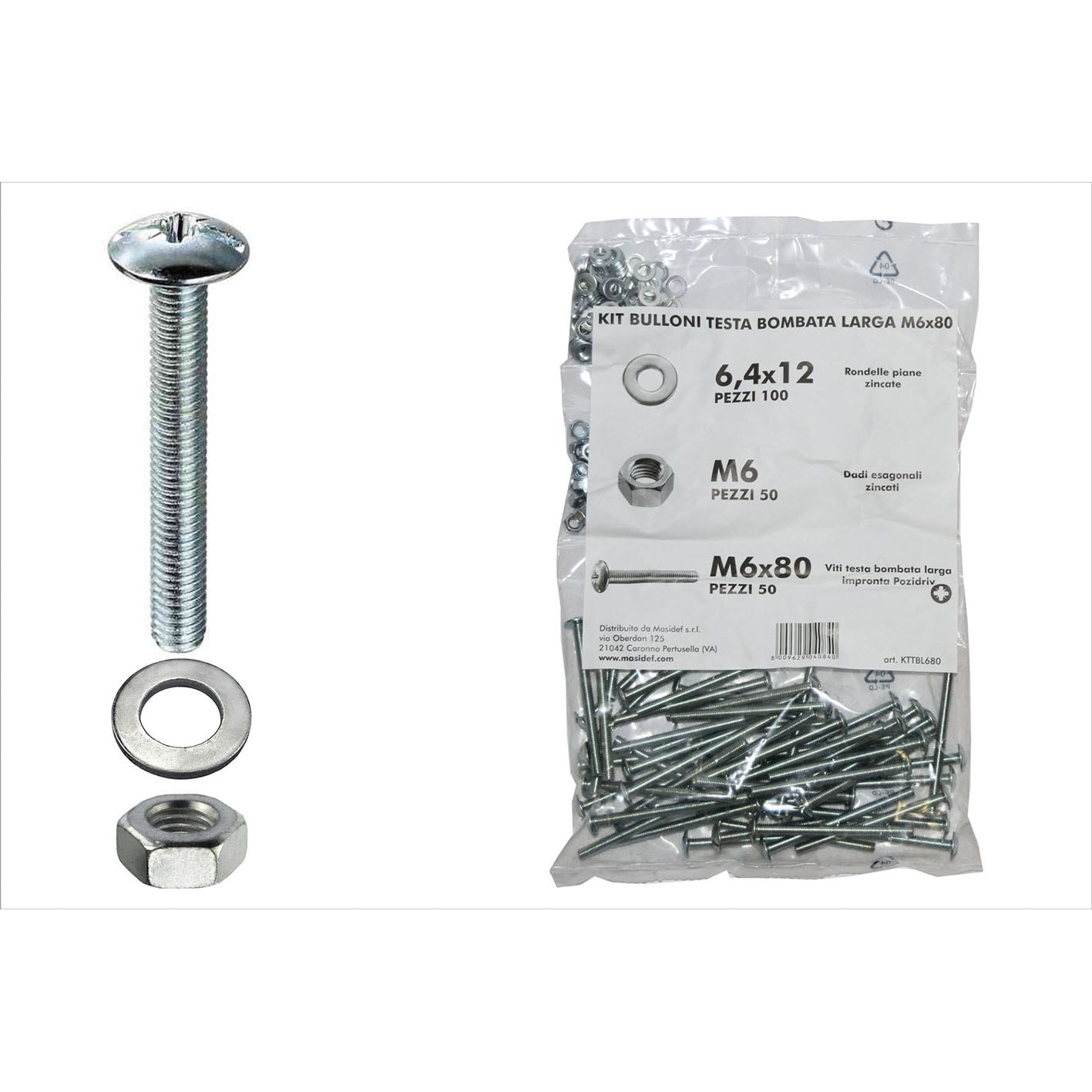 Kit viti testa bombata larga 6 x 80 + dadi + rondelle - 200 pz.