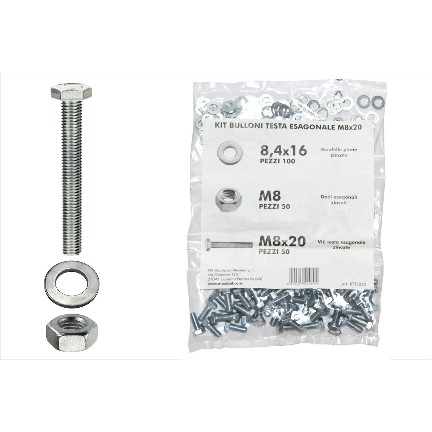 Kit viti testa esagonale M8 x 20 + dadi + rondelle - 200 pz.