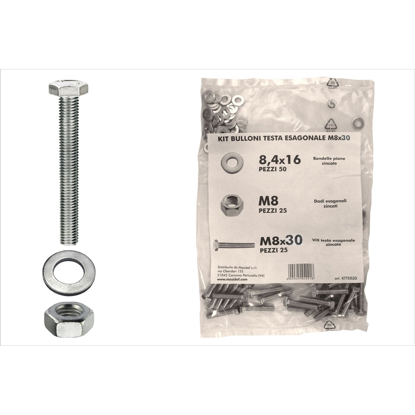 Kit viti testa esagonale M8 x 30 + dadi + rondelle - 200 pz.