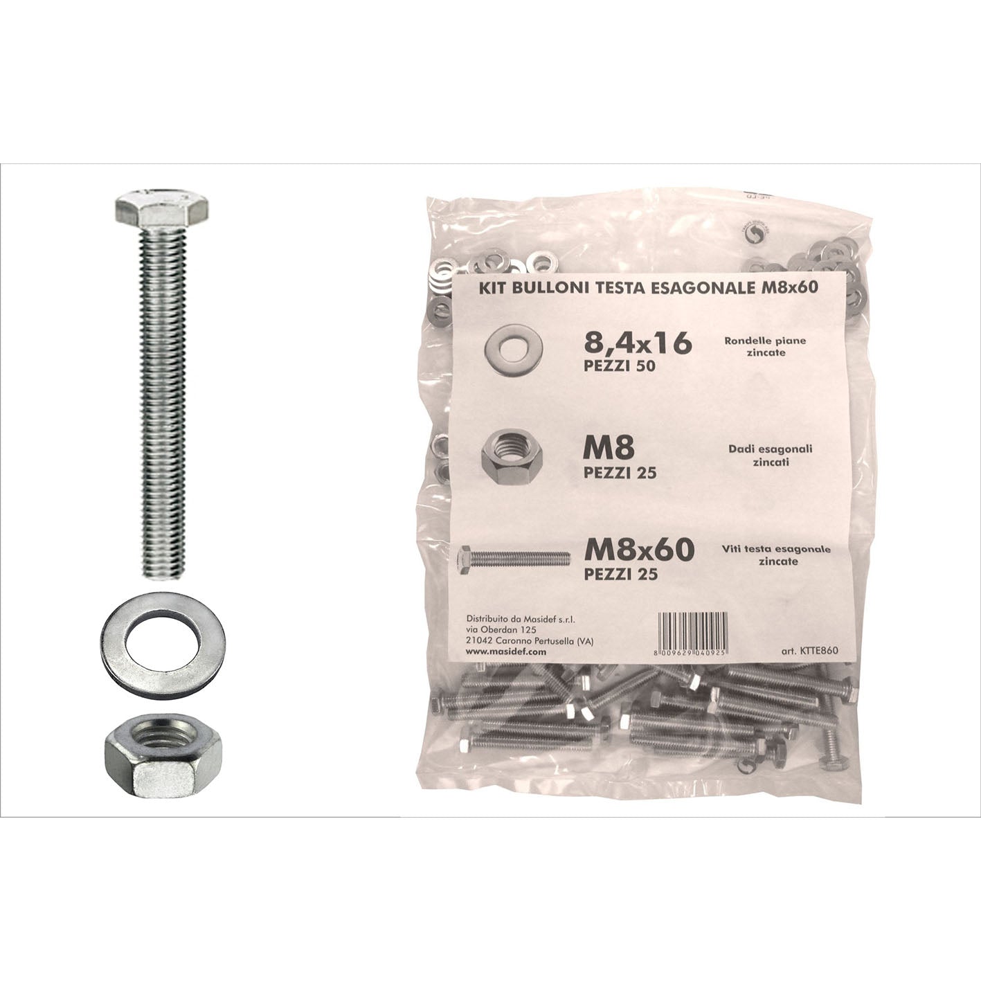 Kit viti testa esagonale M8 x 60 + dadi + rondelle - 100 pz.