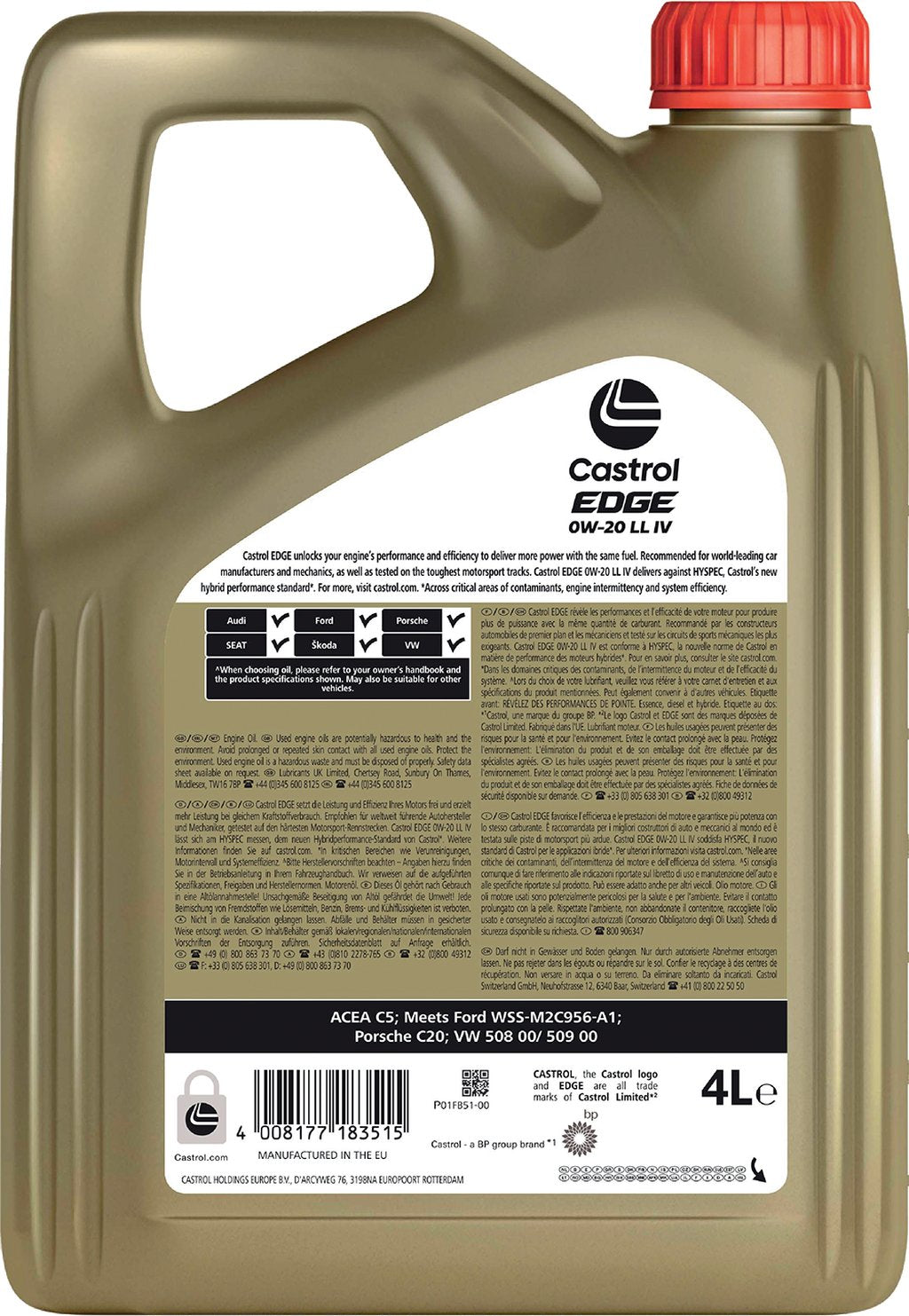 Castrol Edge Iv 0W-20 ACEA C5 LL 4L Semisintetico Olio Motore Lubrificante Auto