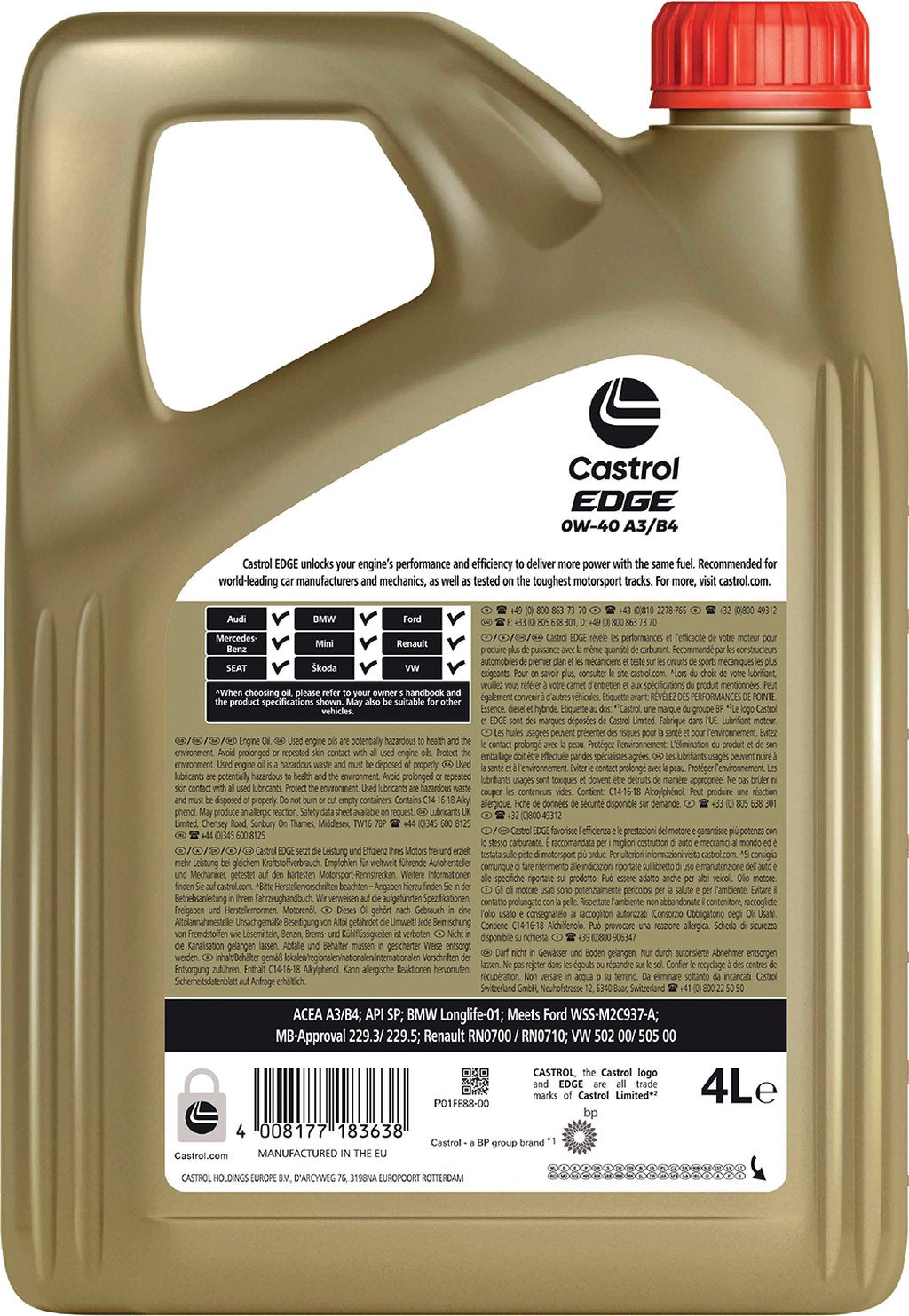 Castrol Edge A3/B4 0W-40 ACEA A3/B4 4L Sintetico Olio Motore Lubrificante Auto