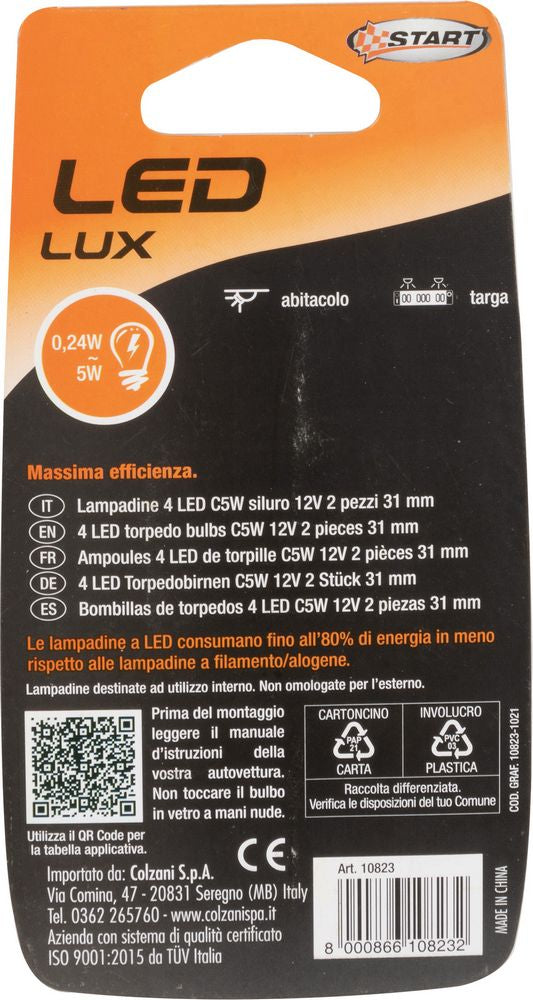 Lampadine siluro auto 6 Led 12V 1,5W due pezzi 31 mm