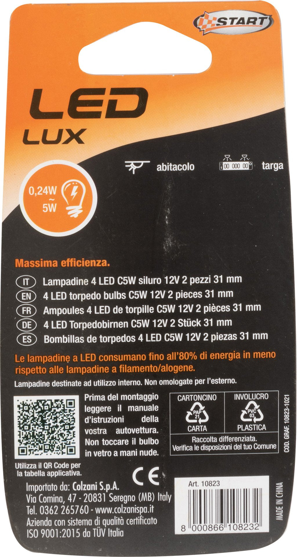 START Lampadine siluro auto 6 Led 12V 1,5W due pezzi 31 mm illuminazione targa
