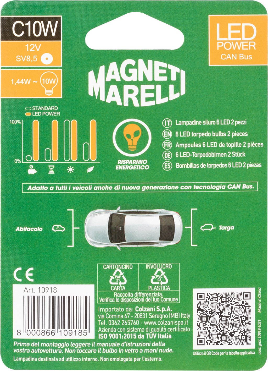 QUANTUM ENERGY Lampadina siluro auto C5W 3 Led 2 pezzi 12V SV8,5 tecnologia Can