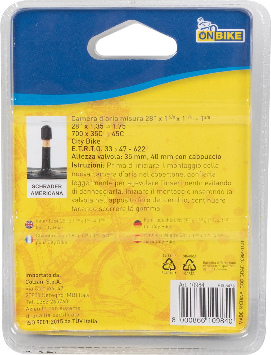 ON BIKE Camera d?Aria Bici 28? x 1 5/8 x 1 1/4 - 1 3/8 con Valvola Schrader