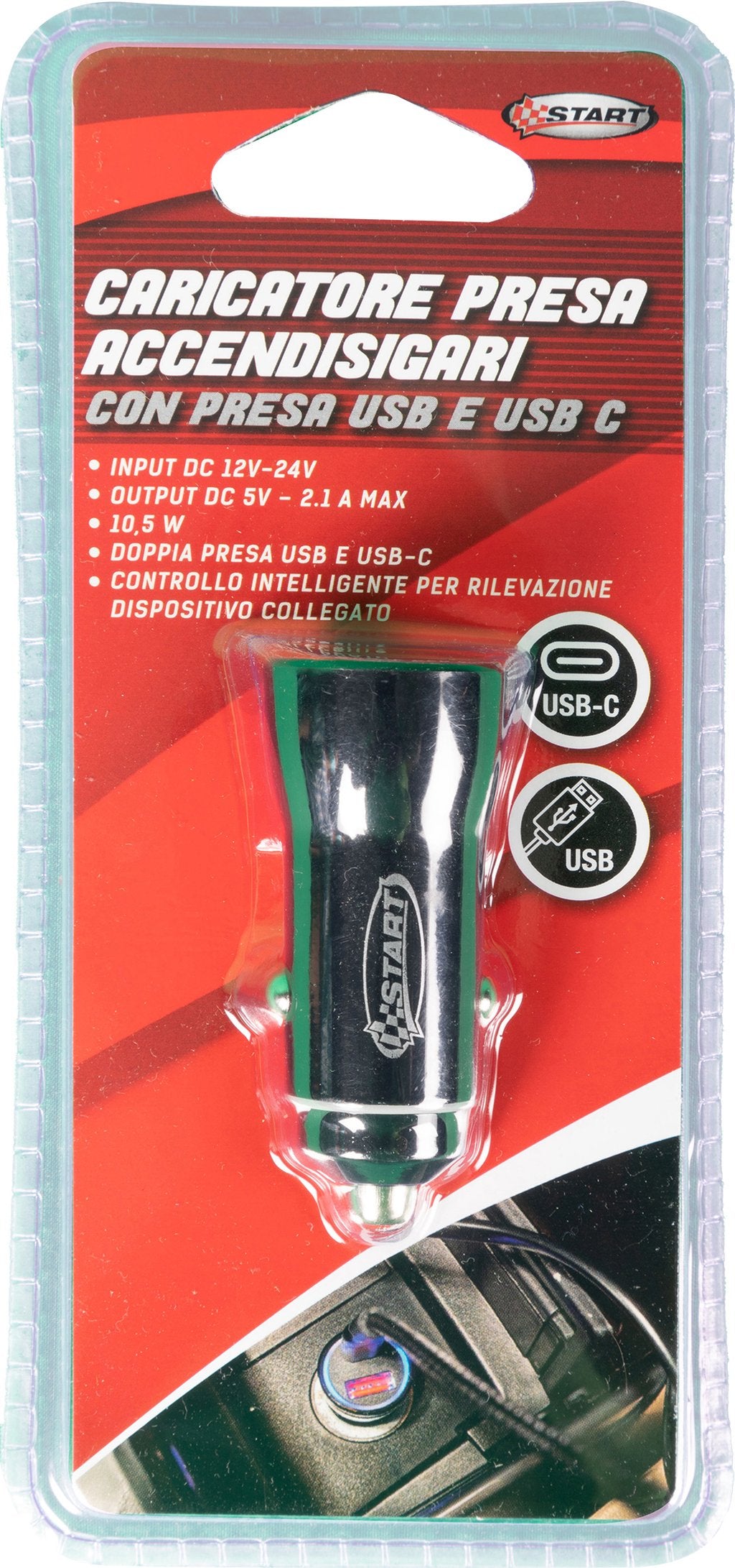 START Caricatore presa accendisigari auto nero, USB e USB-C, Output DC 5