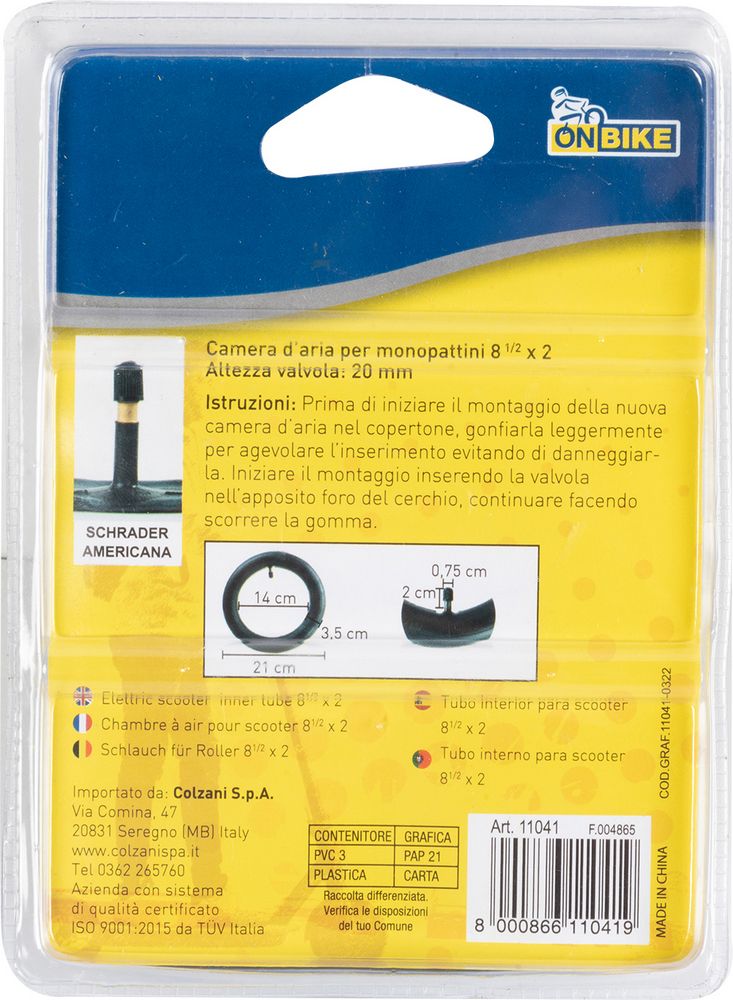 Camera d'aria per monopattino misura 8 1/2 x 2, con valvola americana