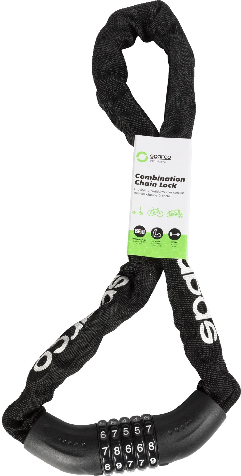 SPARCO lucchetto nero a catena per bicicletta in acciacio zinco ottone ABS