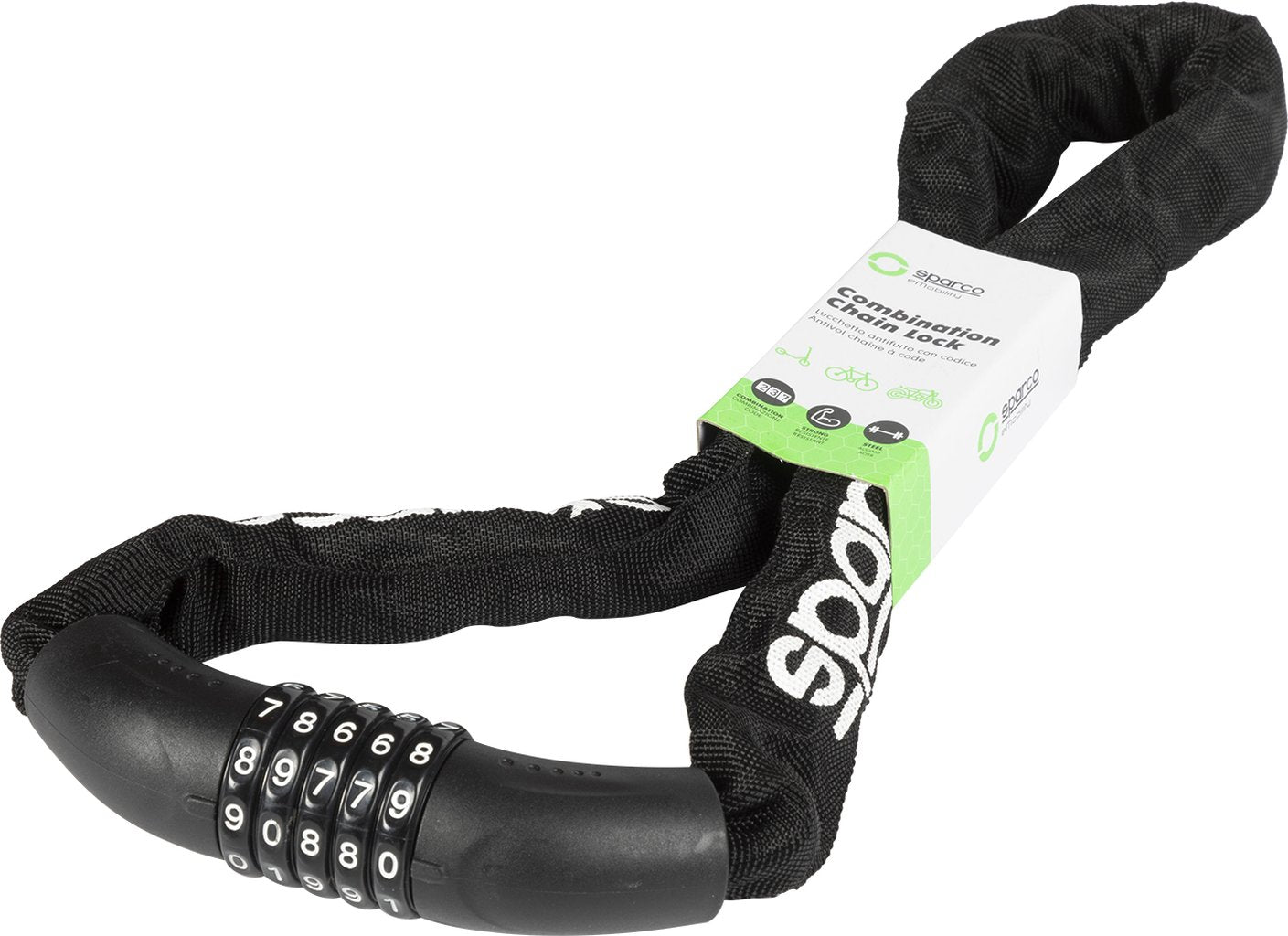 SPARCO lucchetto nero a catena per bicicletta in acciacio zinco ottone ABS