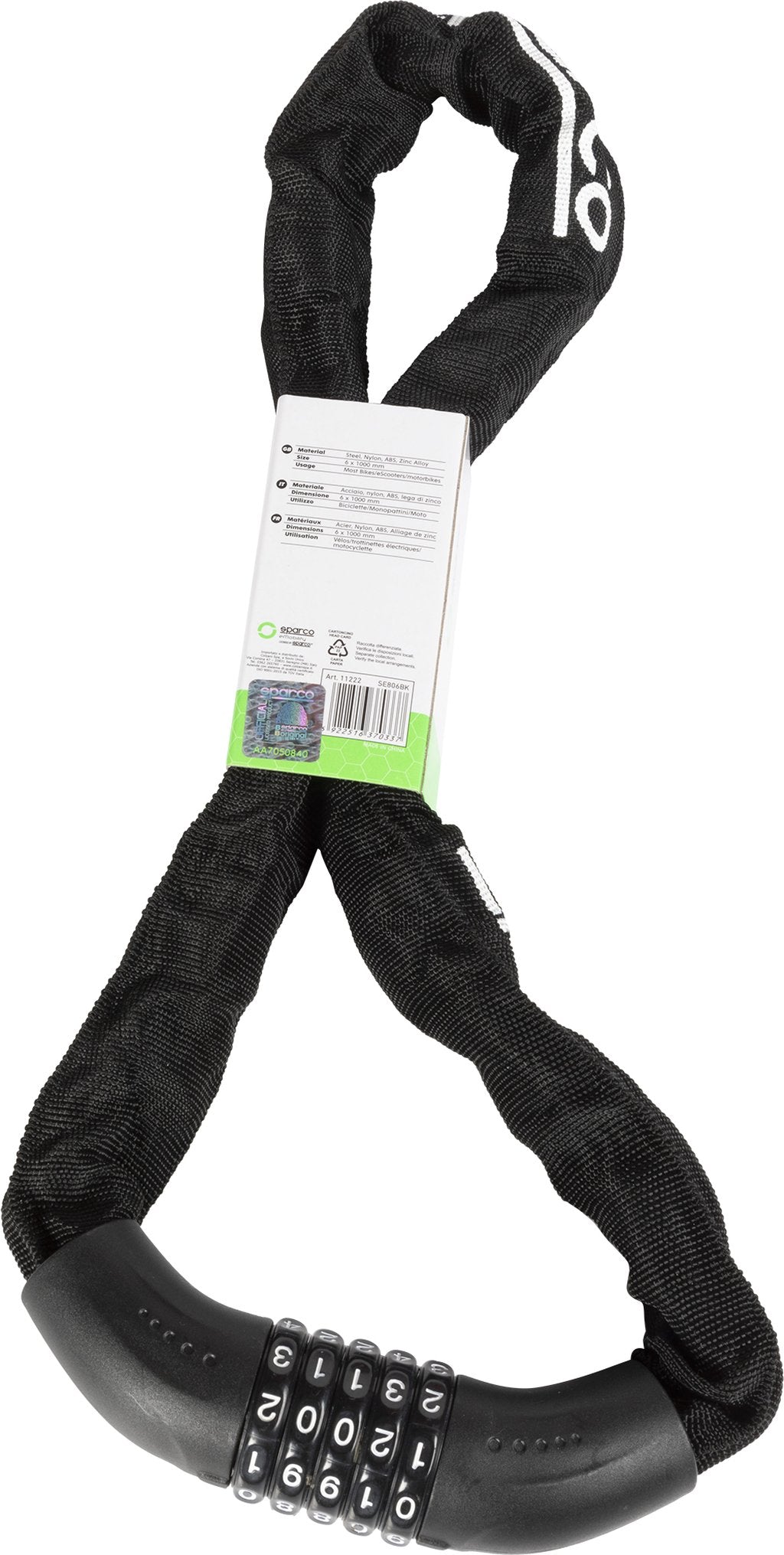 SPARCO lucchetto nero a catena per bicicletta in acciacio zinco ottone ABS