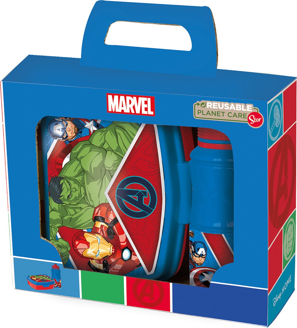 TATAWAY Marvel Set borraccia da 380 ml e Sandwich Box blu per bambini