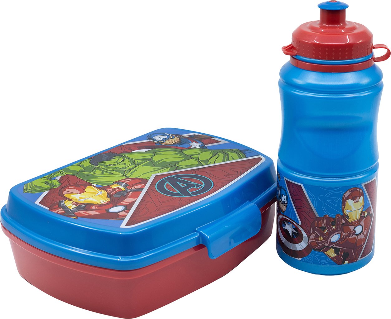 TATAWAY Marvel Set borraccia da 380 ml e Sandwich Box blu per bambini