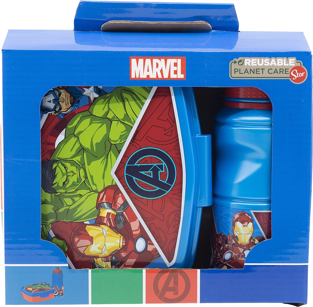 TATAWAY Marvel Set borraccia da 380 ml e Sandwich Box blu per bambini