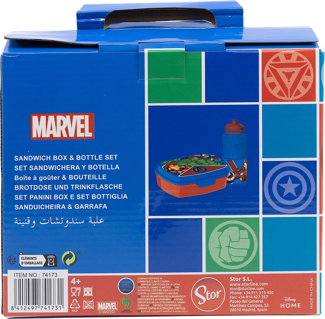 TATAWAY Marvel Set borraccia da 380 ml e Sandwich Box blu per bambini
