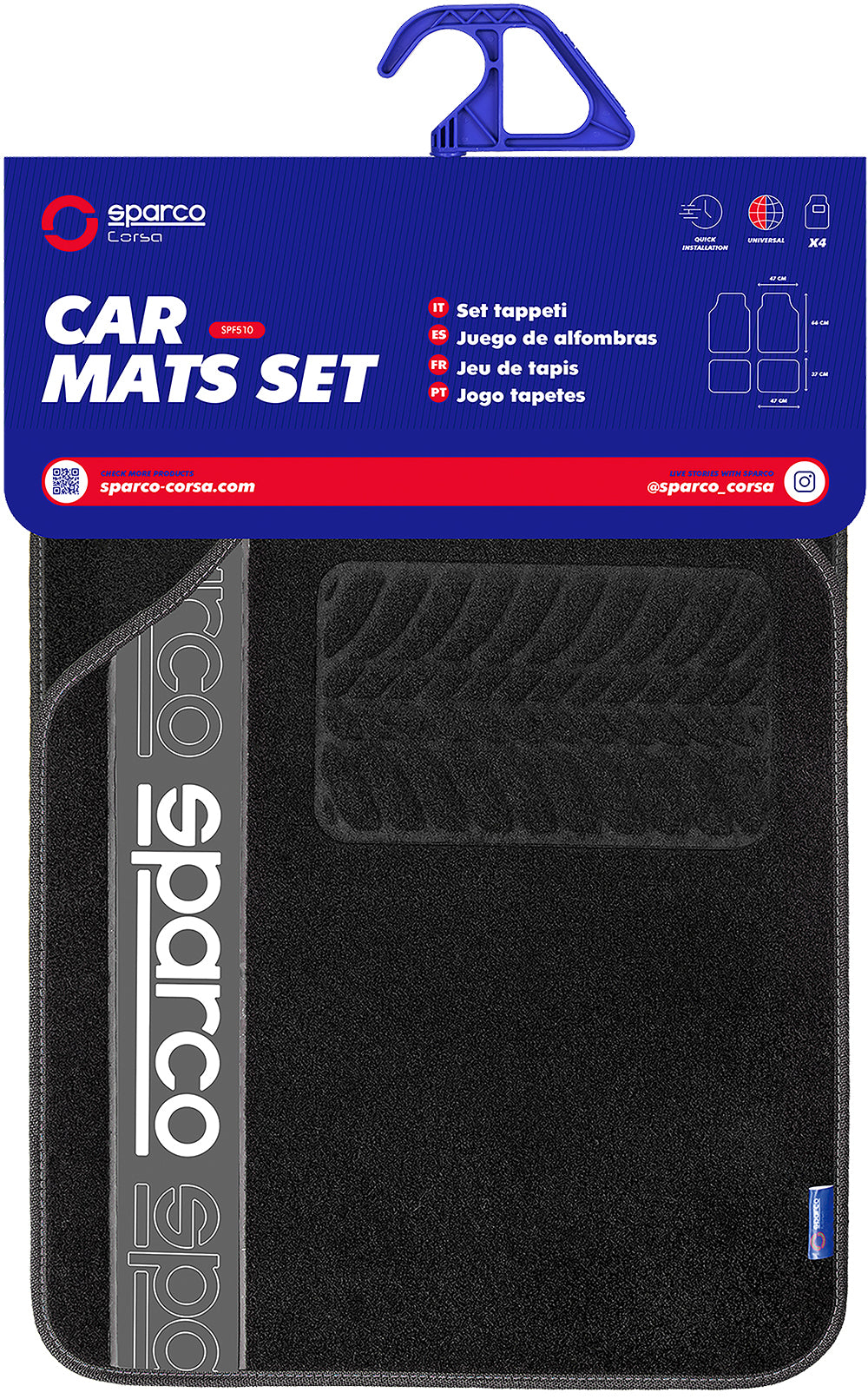 Set 4 tappetini neri e grigi per auto Sparco in moquette