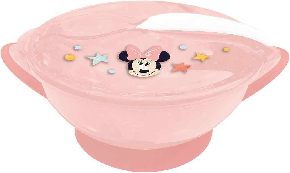 Ciotola antiscivolo con coperchio e cucchiaio Minnie per bambini.