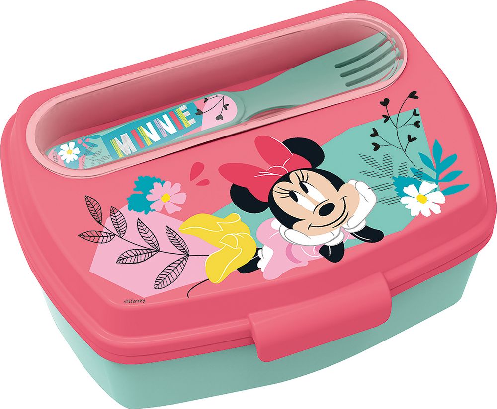 Sandwich Box Bambine Disney Minnie con posate, in plastica senza BPA, lavabile e riutilizzabile