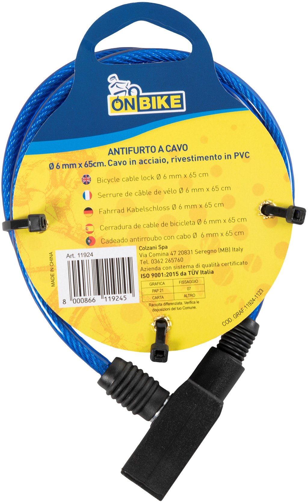 ON BIKE Antifurto Bici a Cavo 6 x 650 mm Sicurezza Compatta