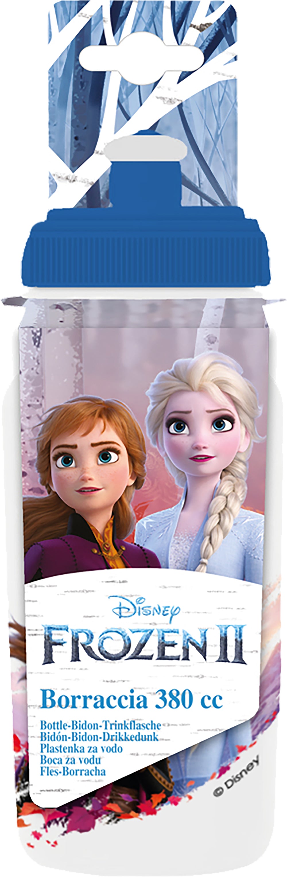 Borraccia azzurra per bambine in plastica Disney Frozen da 380 ml con chiusura antigoccia e banda antiscivolo