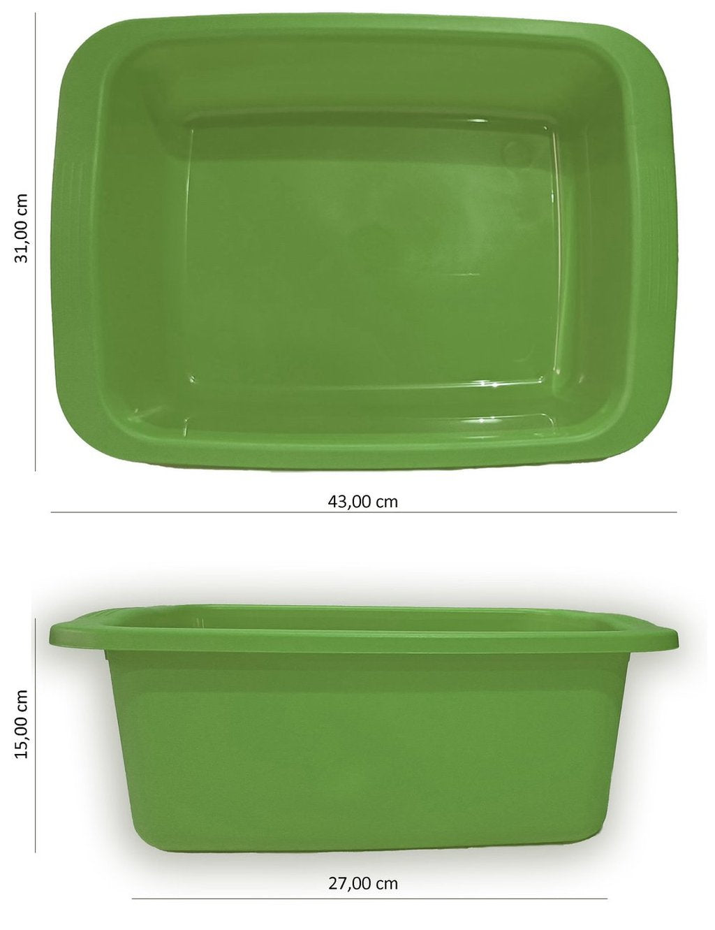 Catino rettangolare verde. Bacinella in plastica di capacità 10L. Vaschetta multiuso
