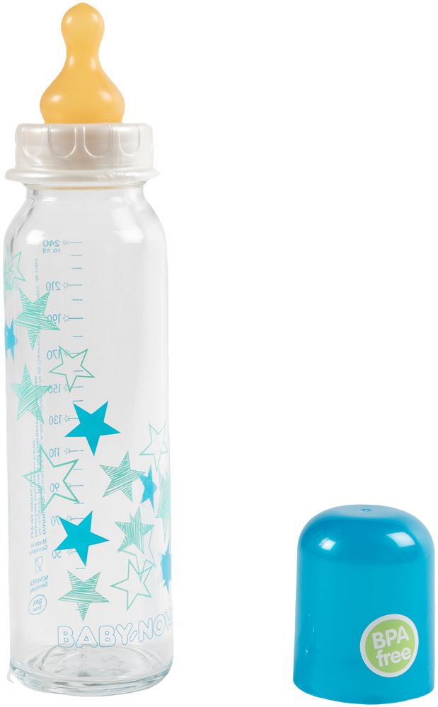 Biberon in vetro Poupy da 240 ML per neonati con tettarella in gomma naturale.
