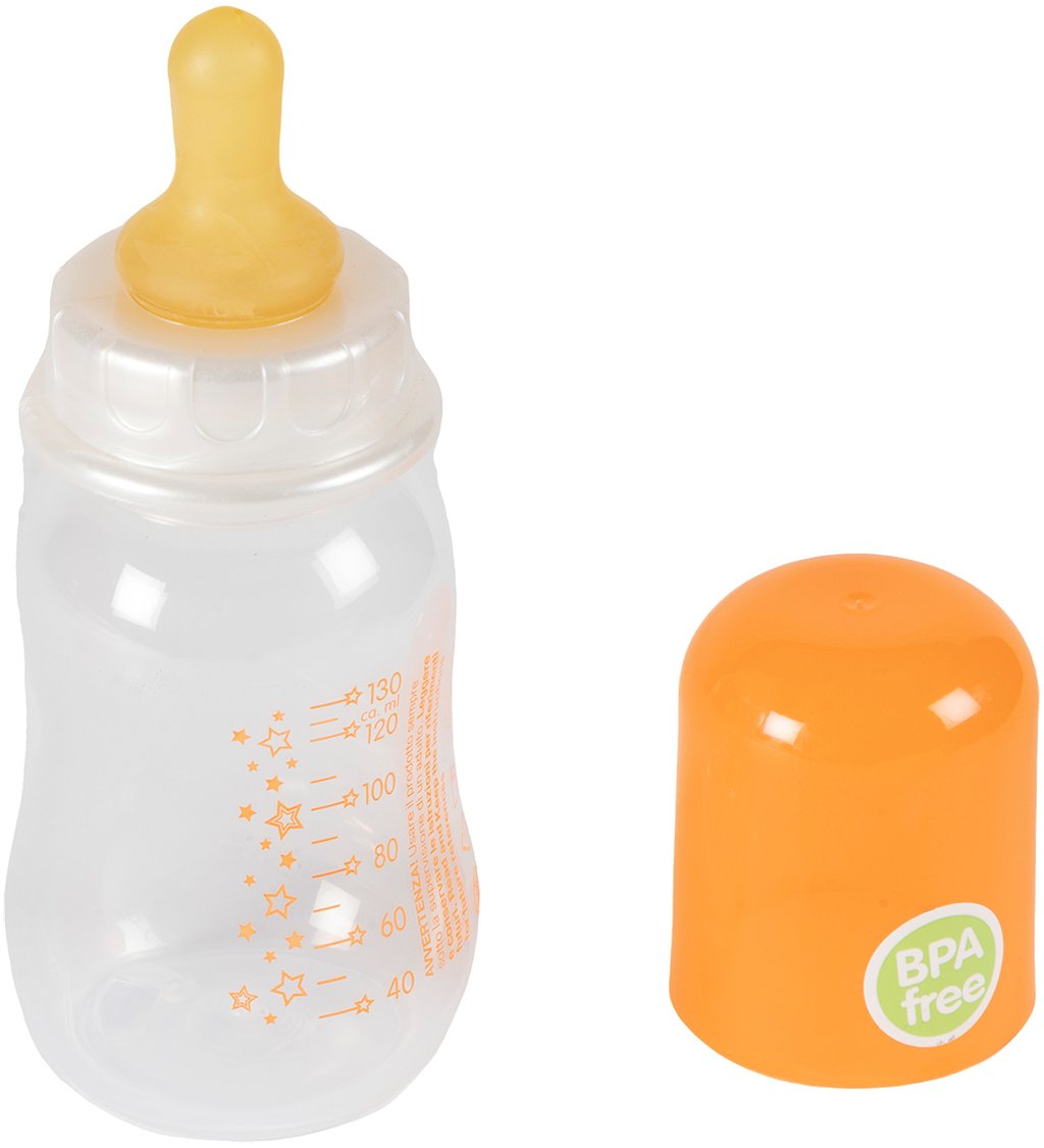 POUPY Biberon clindrico decorato per neonati da 130 ml con tettarella in gomma