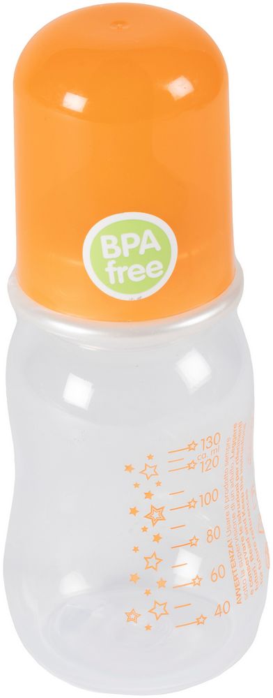 Biberon clindrico decorato per neonati da 130 ml con tettarella in gomma naturale.