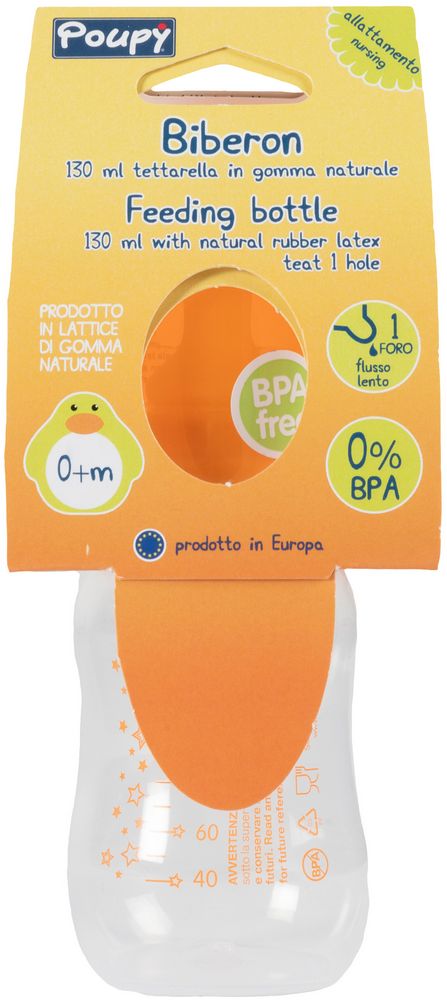 Biberon clindrico decorato per neonati da 130 ml con tettarella in gomma naturale.