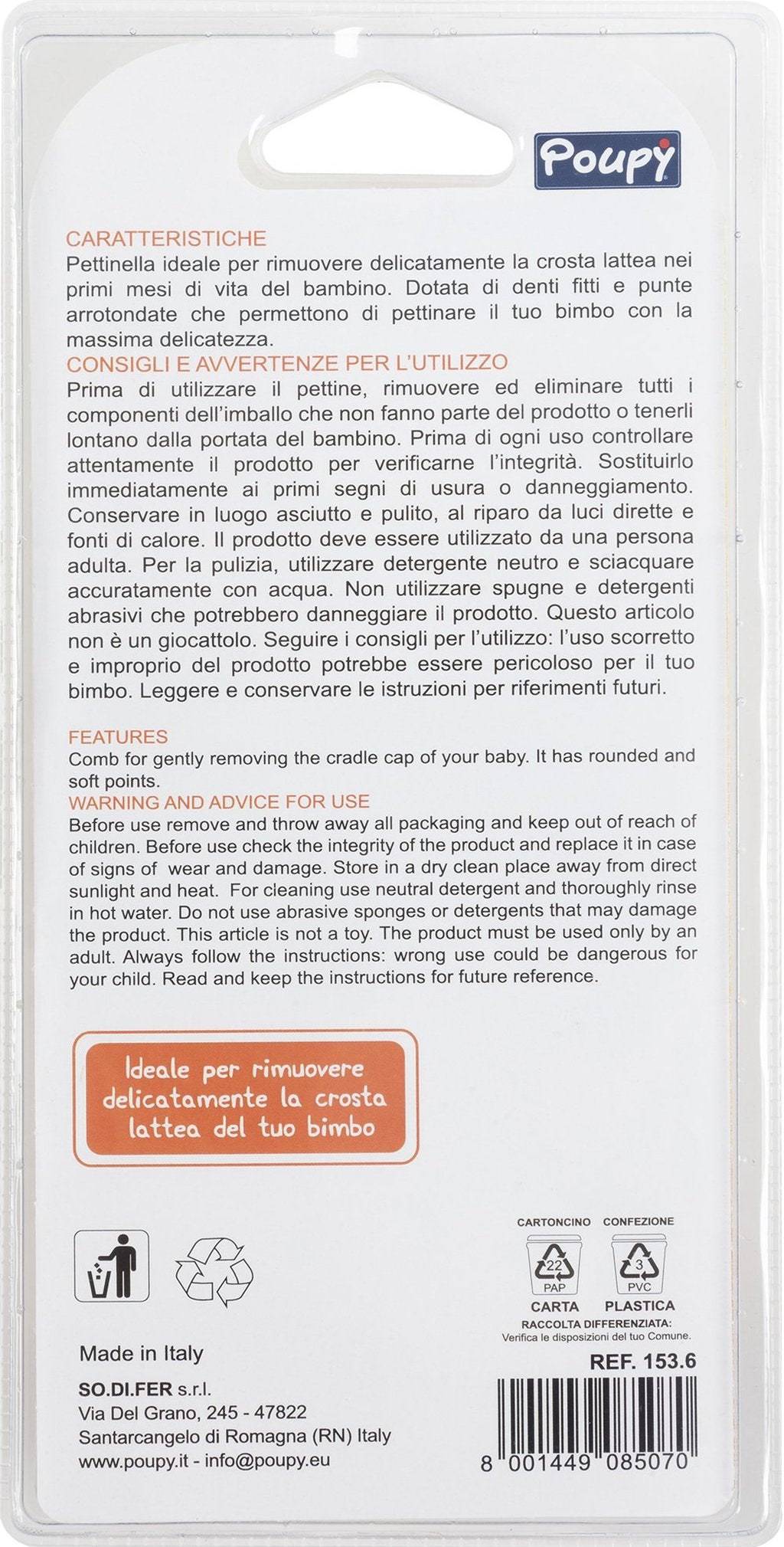 POUPY Pettine con dentini morbidi e punte arrotondate per bambini piccoli