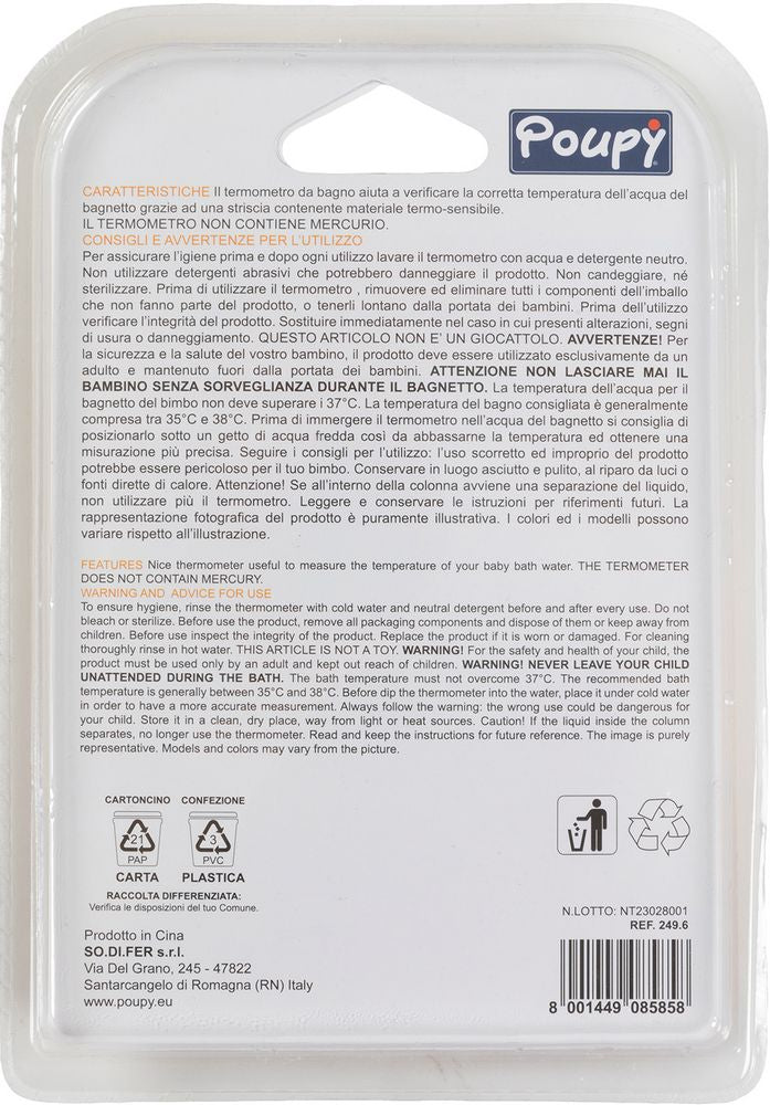Termometro da bagno Poupy per bambini utilizzabile e riutilizzabile.