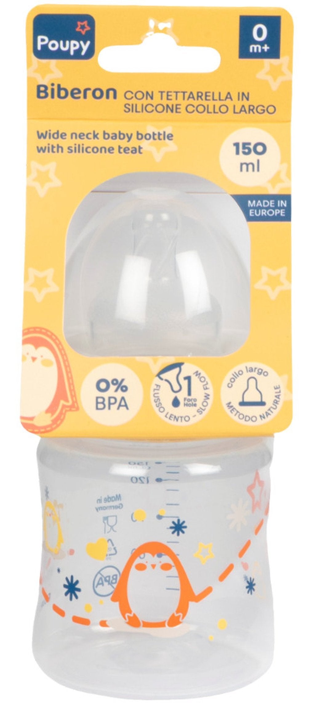 POUPY Biberon in PP Collo Largo 150 ml con Tettarella in Silicone ? Biberon