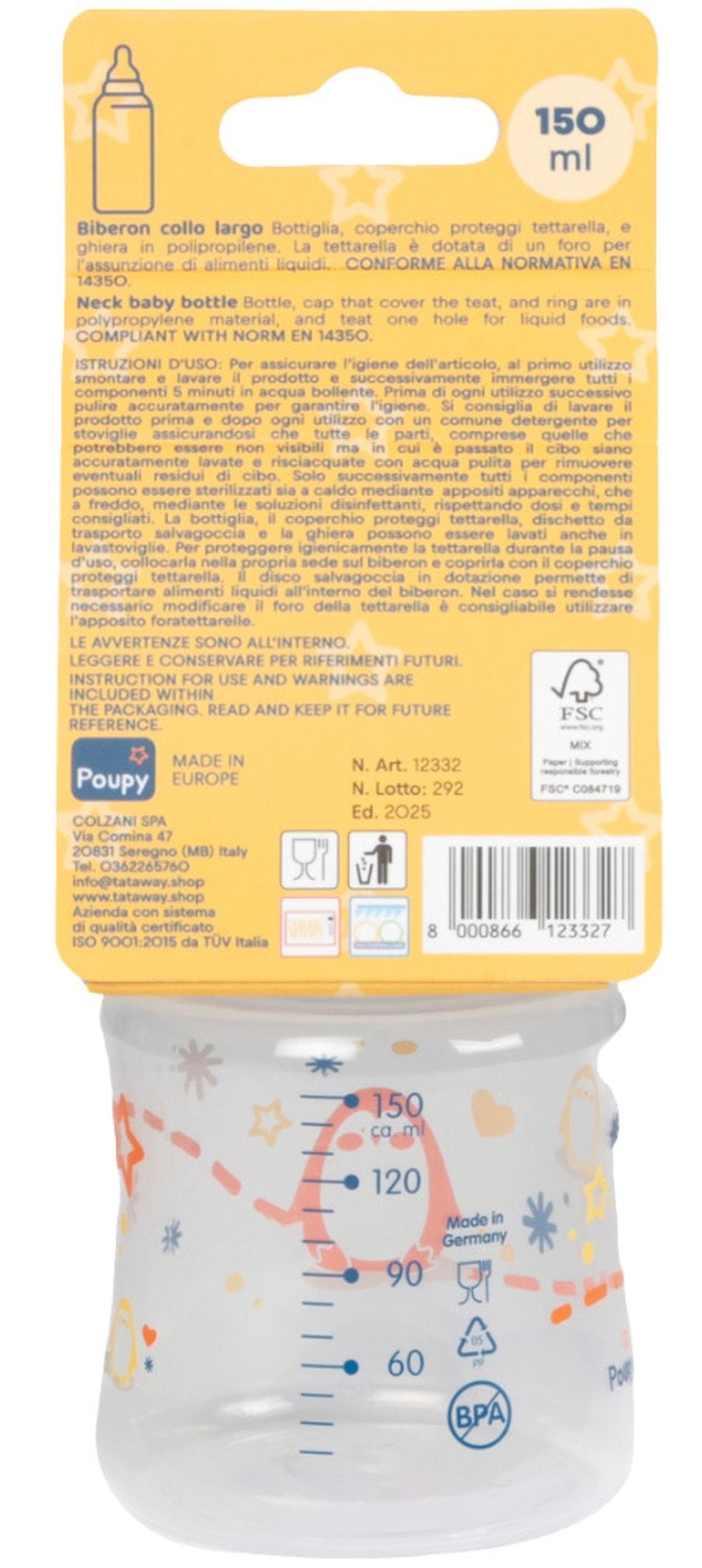 POUPY Biberon in PP Collo Largo 150 ml con Tettarella in Silicone ? Biberon