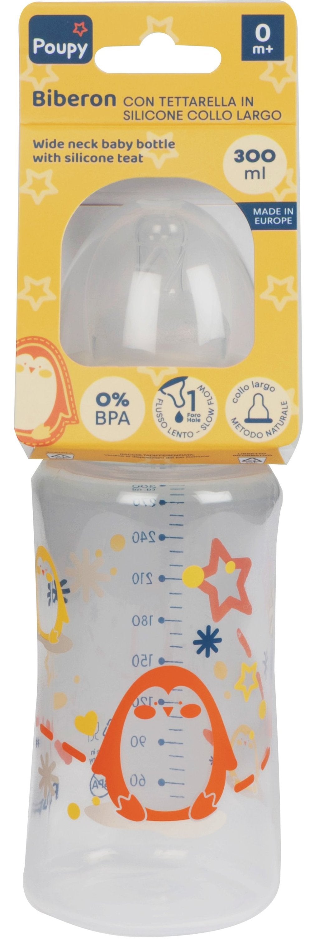 POUPY Biberon in PP Collo Largo 300 ml con Tettarella in Silicone ? Biberon