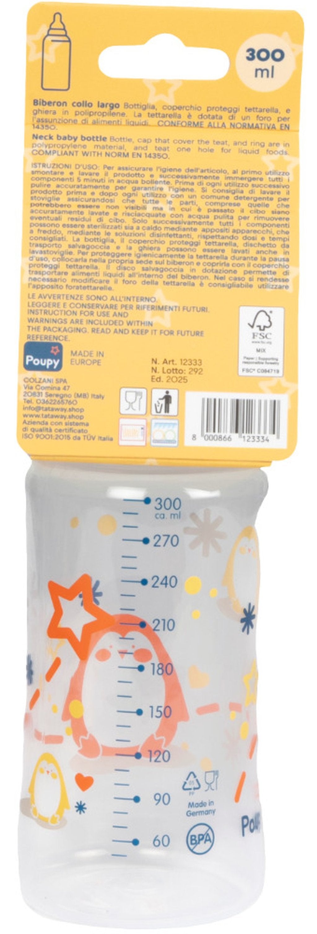 POUPY Biberon in PP Collo Largo 300 ml con Tettarella in Silicone ? Biberon