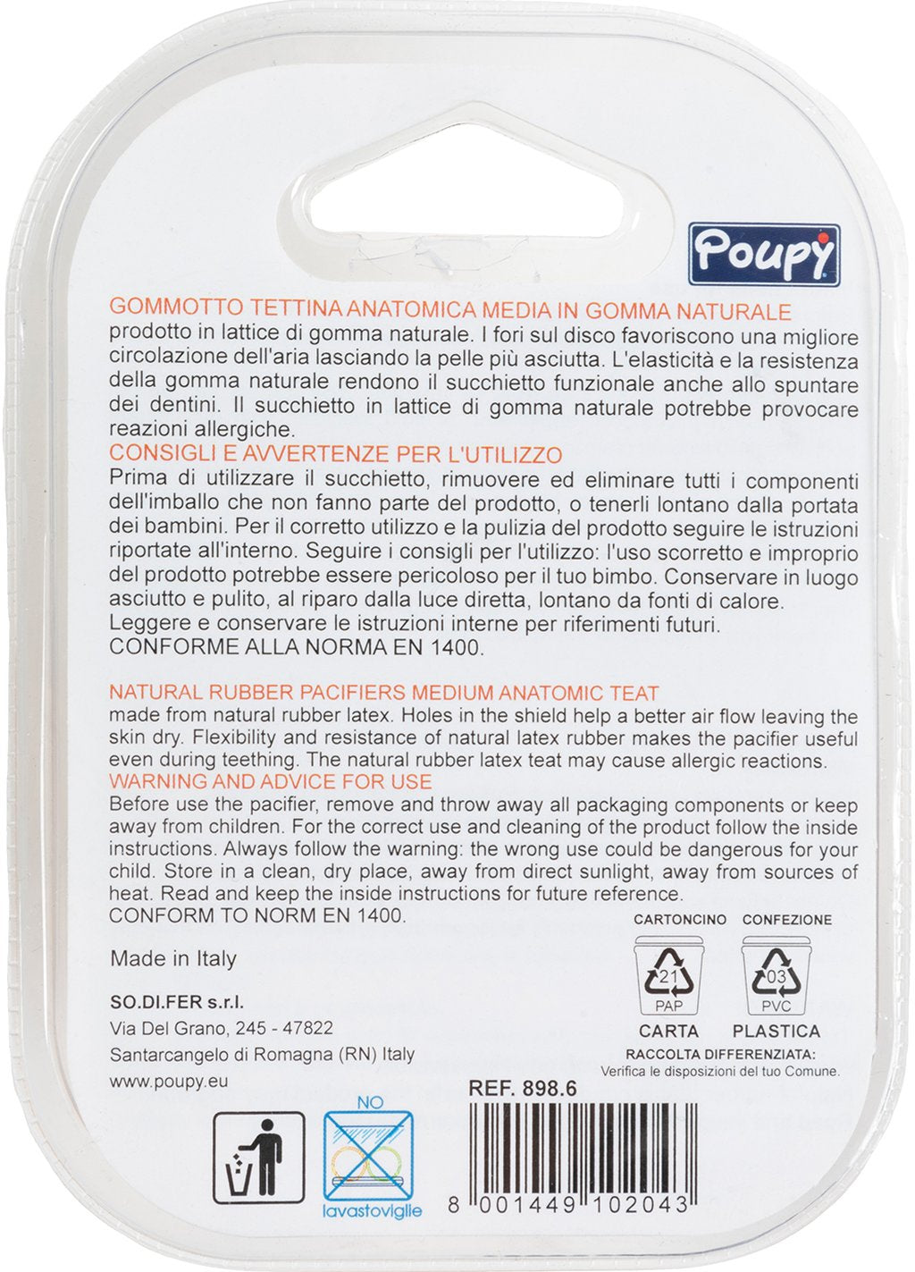 POUPY Ciuccio Bimbi con tettina anatomica in gomma, senza BPA, lavabile