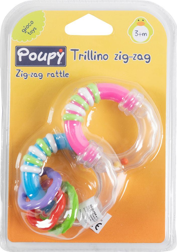 Trillino Zig Zag Poupy per bambini sonoro, leggero e facile da impugnare.