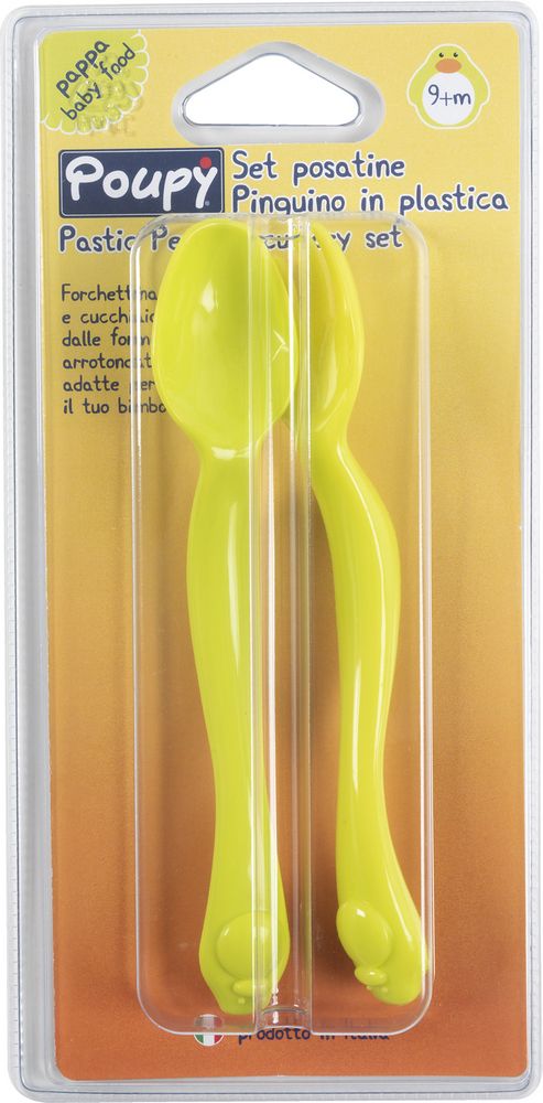 POUPY Set posate pinguino in plastica per bambini, senza BPA, lavabili